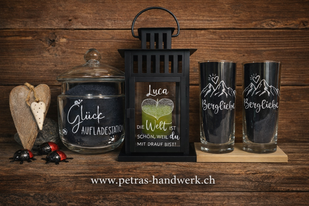 Glas graviert / Laterne graviert / Mineralgläser graviert / www.petras-handwerk.ch
