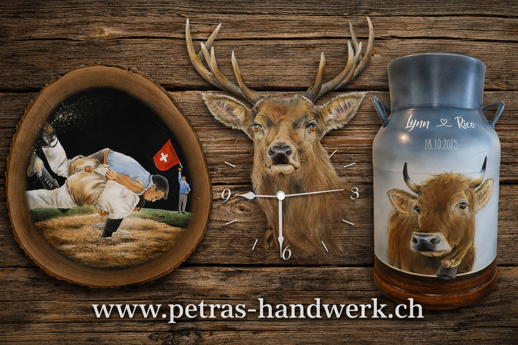 Auftragsmalerei / Holzuhren bemalen / Milchkanne bemalen / Holzwandbild bemalen / www.petras-handwerk.ch