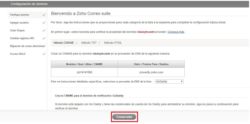 zoho comprobar configuración de email