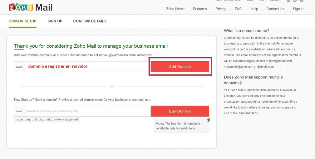 zoho mail add domain