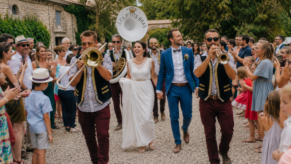 L’arrivée des mariés au son d’une fanfare : une entrée festive et inoubliable - Magazine Un Jour Un Oui - Crédit photo : Tous droits réservés
