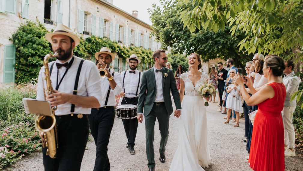 L’arrivée des mariés au son d’une fanfare : une entrée festive et inoubliable - Magazine Un Jour Un Oui - Crédit photo : Tous droits réservés