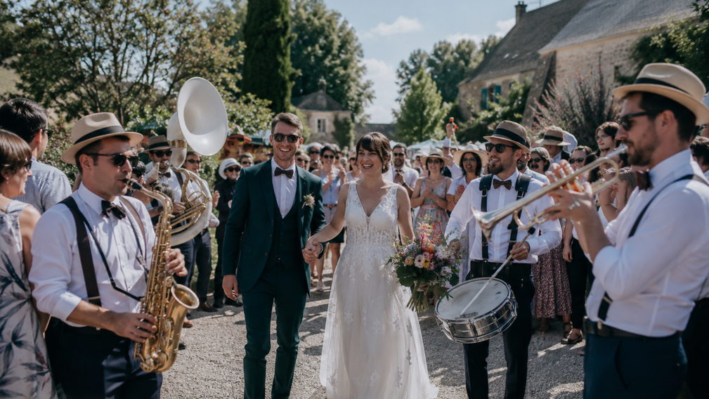 L’arrivée des mariés au son d’une fanfare : une entrée festive et inoubliable - Magazine Un Jour Un Oui - Crédit photo : Tous droits réservés