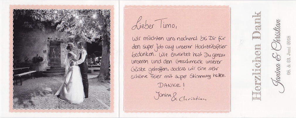 Hochzeits DJ in Bonn buchen - Hier eine Dankeskarte von einer Hochzeit auf der Godesburg Bonn