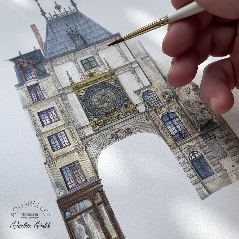 Rouen, gros horloge, le gros horloge, big ben, normandie, seine maritime, tourisme normandie, normandie, normandy, piatek, dorothee piatek, miniature, aquarelle miniature, artisanat, art, peinture,