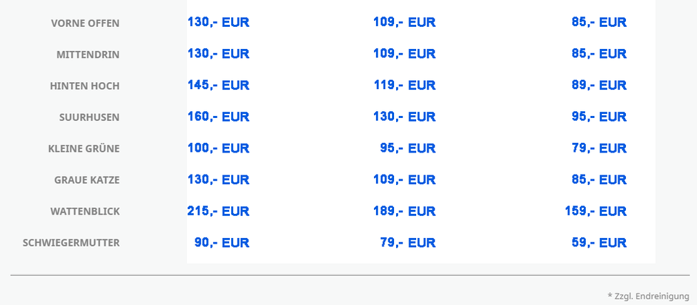 DIE KOSTEN FÜR DIE ENDREINGUNG LIEGEN JE NACH GRÖßE DER WOHNUNG BEI  75,00 EUR - 95,00 EUR ( EXTRA ENDREINGUNG PRO HUND 30,00 EUR)