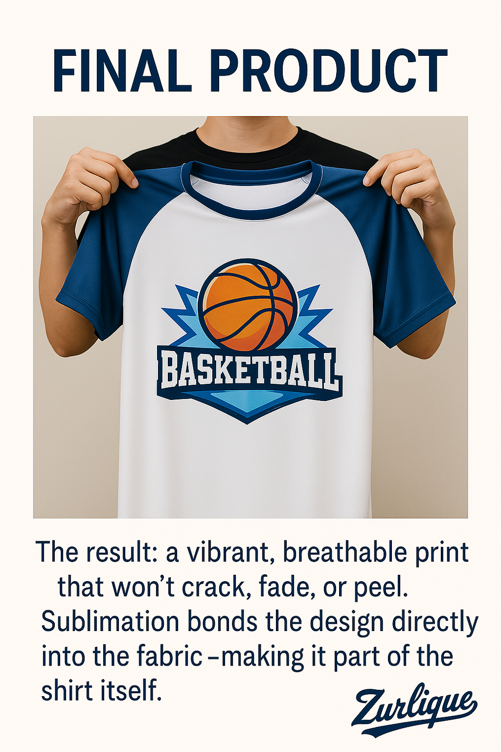 A person holding up a completed sublimation T-shirt with a bold basketball graphic, representing the final output.