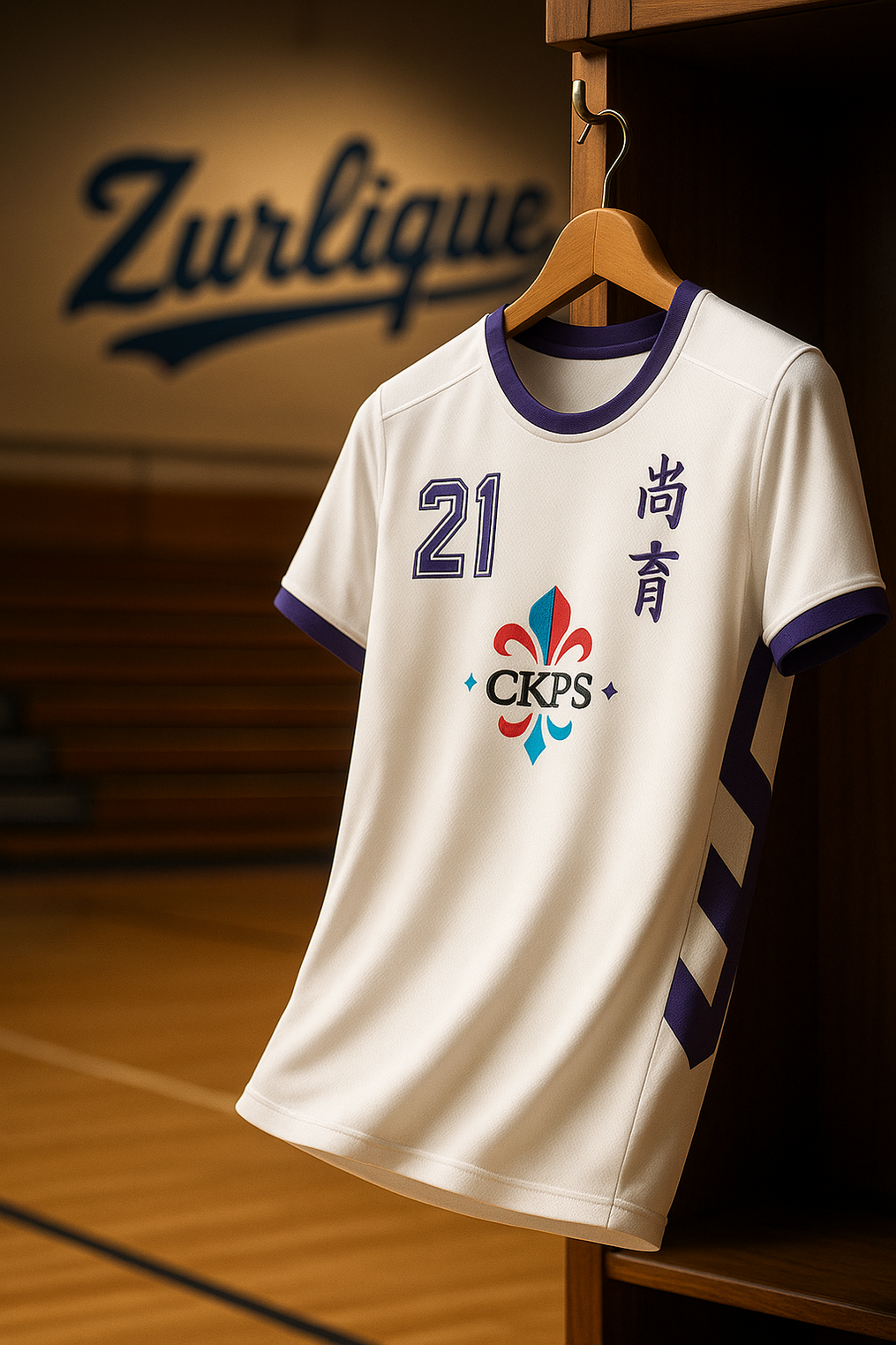 Angled view of white and purple sublimation basketball jersey for Changkat Primary School, hanging in a warm-lit indoor gym