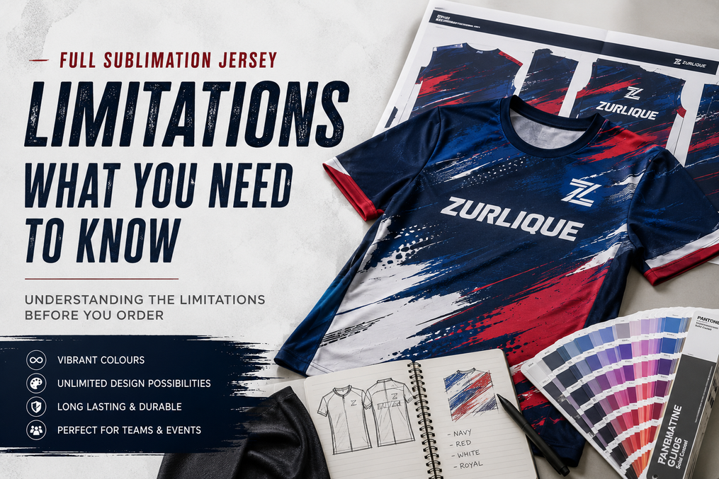 Professional flat lay of a custom full sublimation jersey with production artwork, Pantone colour guide and design sketches, illustrating the limitations and considerations of sublimation printing before ordering.