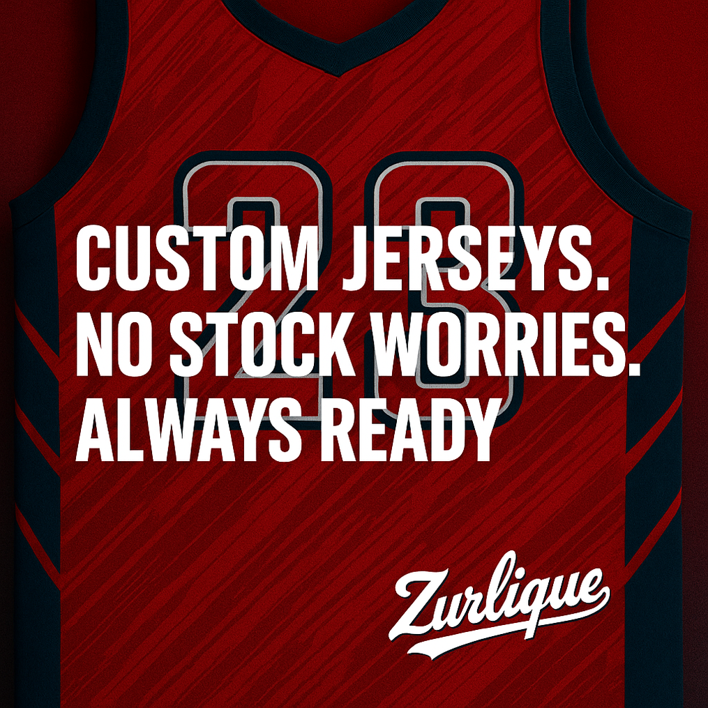 Close-up of a red and navy custom sublimation jersey with bold number 23 and text overlay: “Custom Jerseys. No Stock Worries. Always Ready” – promoting Zurlique’s made-to-order reordering benefit.