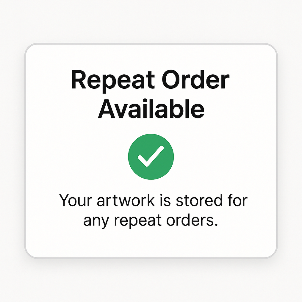 Zurlique repeat order notification showing that school jersey artwork is stored for future reorders in Singapore
