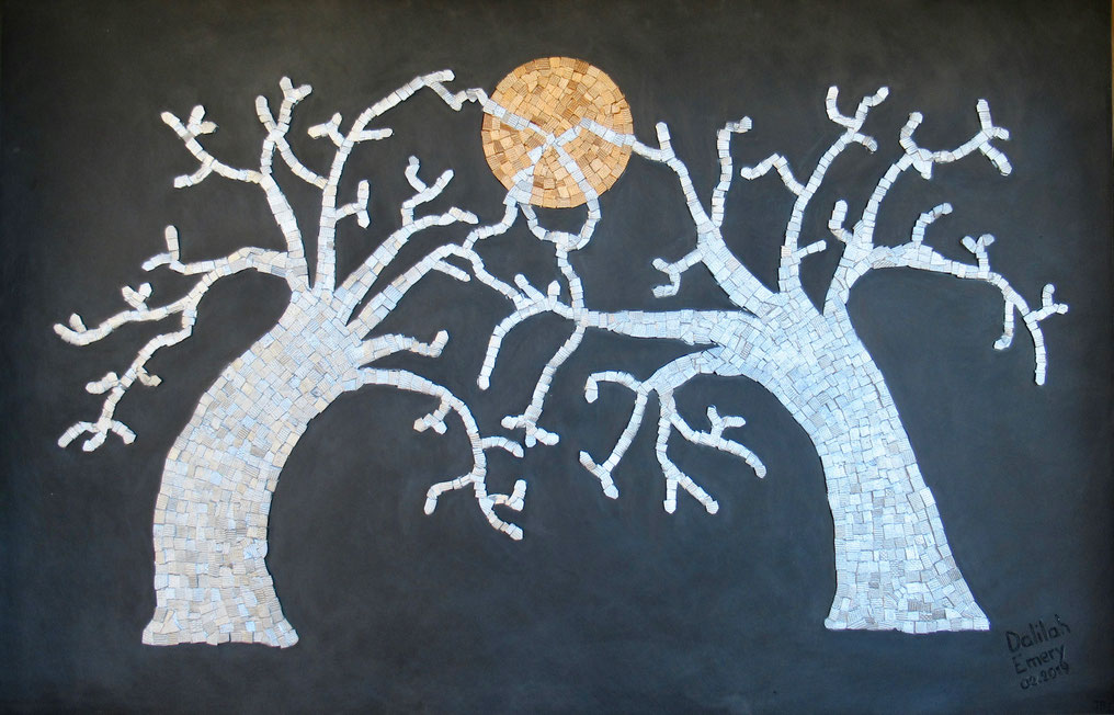 Tableau Abstrait De Grand Format  LES ARBRES ET LA LUNE ROUSSE de Dalilah EMERY (156 x 101 cm)