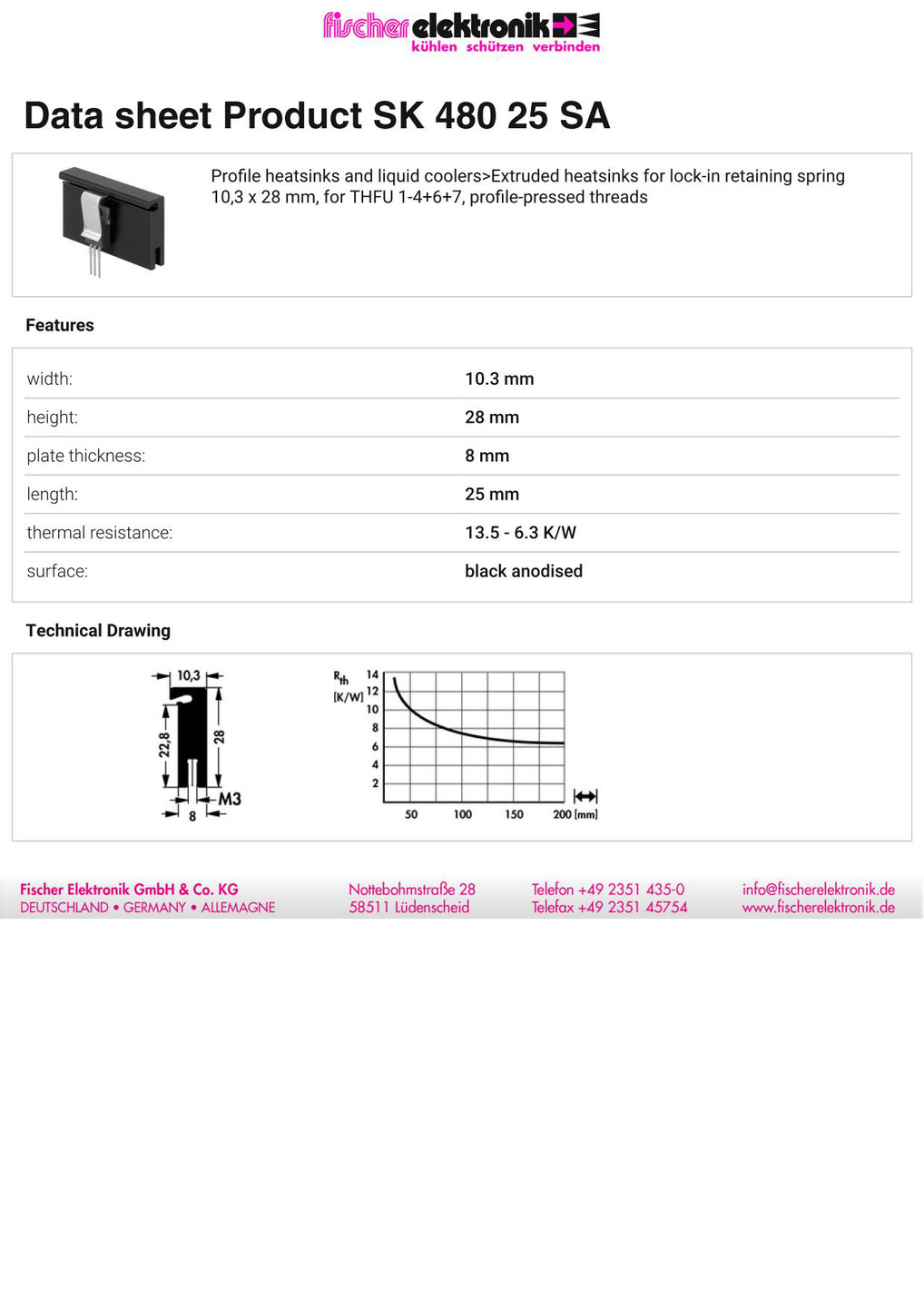 ﻿﻿SK 480/25 SA Fischer Elektronik 押出成形ヒートシンク クリップ固定用