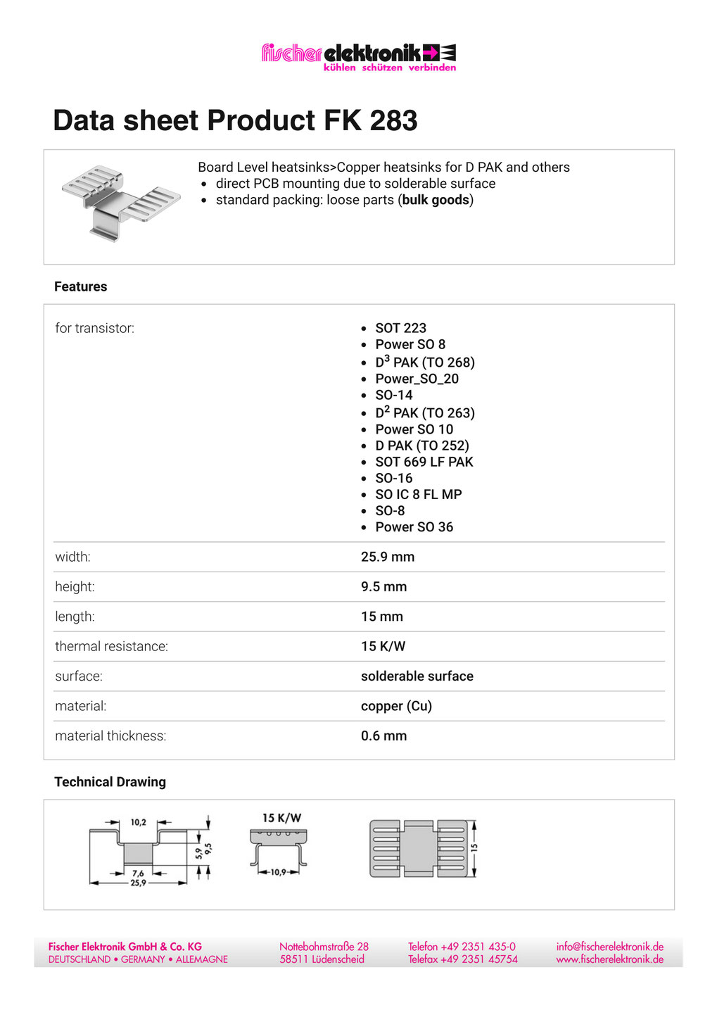FK 283 Fischer 表面実装用ヒートシンク　