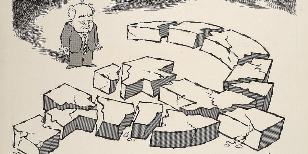 A cartoon shows a man looking at a shattered hammer and sickle symbol, representing the collapse of the Soviet Union.