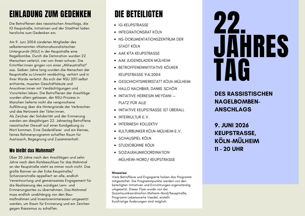 Programm 22. Jahrestag des rassistischen Nagelbombenanschlags 9. Juni 2026