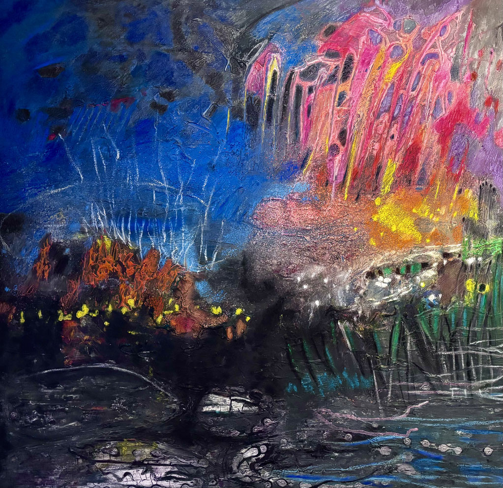 "Teich" 15. Juli, 80 x 80 cm, Leinwand, Farbschichtung, 2023.