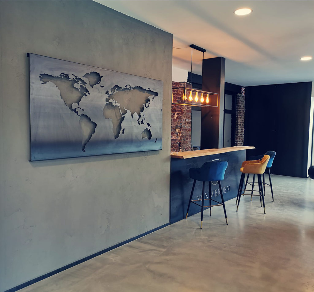 Weltkarte aus Stahl für die Wand als Wandbild und Wanddekoration 