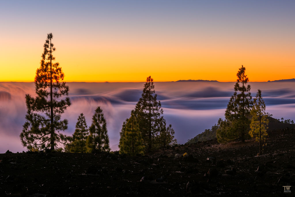 Oben erstmal angekommen, ist es ein Erlebnis über der Wolkendecke den Sonnenuntergang anzuschauen: hier mit Blick Richtung La Gomera und La Palma. Es handelt sich um eine Langzeitaufnahme, um den Fließeffekt zu verdeutlichen (B231)