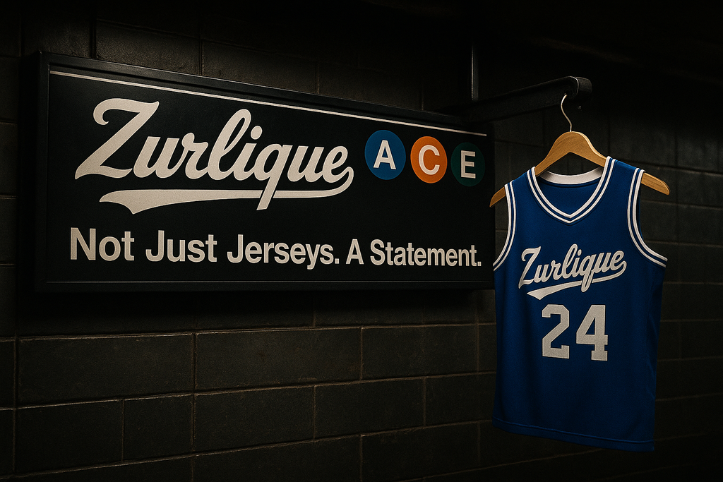 Custom jerseys, Dri-Fit tees, polo shirts, and mugs displayed with Zurlique branding against a professional city-themed background for Singapore clients