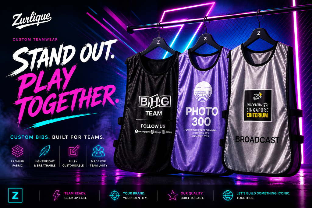 Custom event bibs and sports vests by Zurlique for teams, races, and event staff in Singapore
