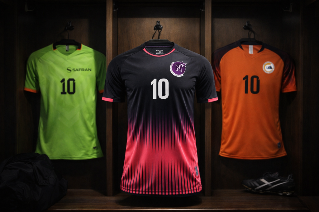 Custom football jerseys produced for teams in Singapore displayed in a locker room – real client projects by Zurlique.