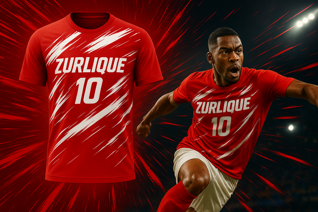 ZURLIQUE full sublimation soccer jersey design alongside an action photo of a player taking a shot during a match, showcasing vibrant red and white F1-inspired styling, custom-made for Singapore teams.