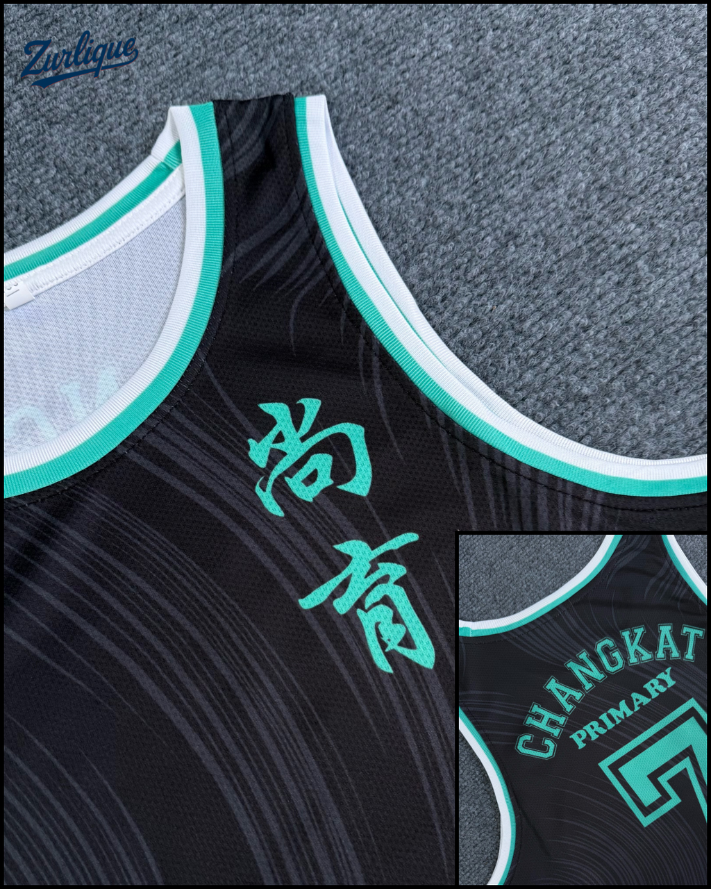 Close-up of a custom sublimation basketball jersey showing integrated name and number printing