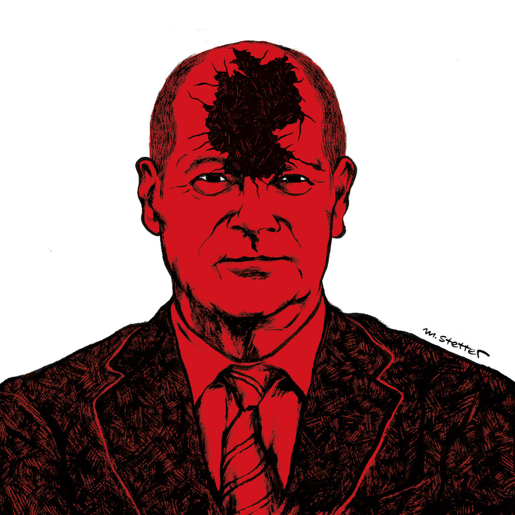 Olaf Scholz Portrait / Karikatur (Aus der Reihe "Kratermenschen") © 2021 Moritz Stetter