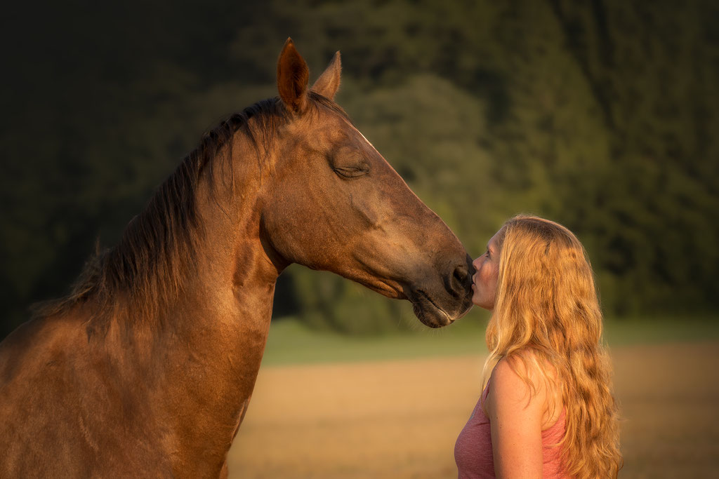 Andrea Obele Fotoshooting mit Pferd; Pferdefotografie; Burghausen; Salzburg; Braunau; in der Nähe; Bayern, Pferd küsst Mensch
