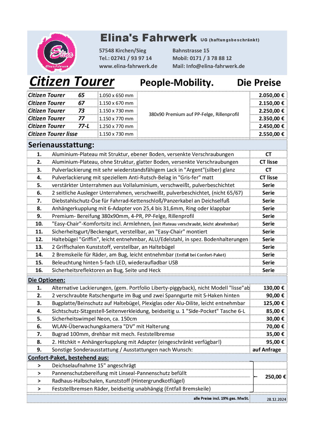 Preisliste Citizen-Tourer, bitte für ein unverb. Angebot Kontakt aufnehmen