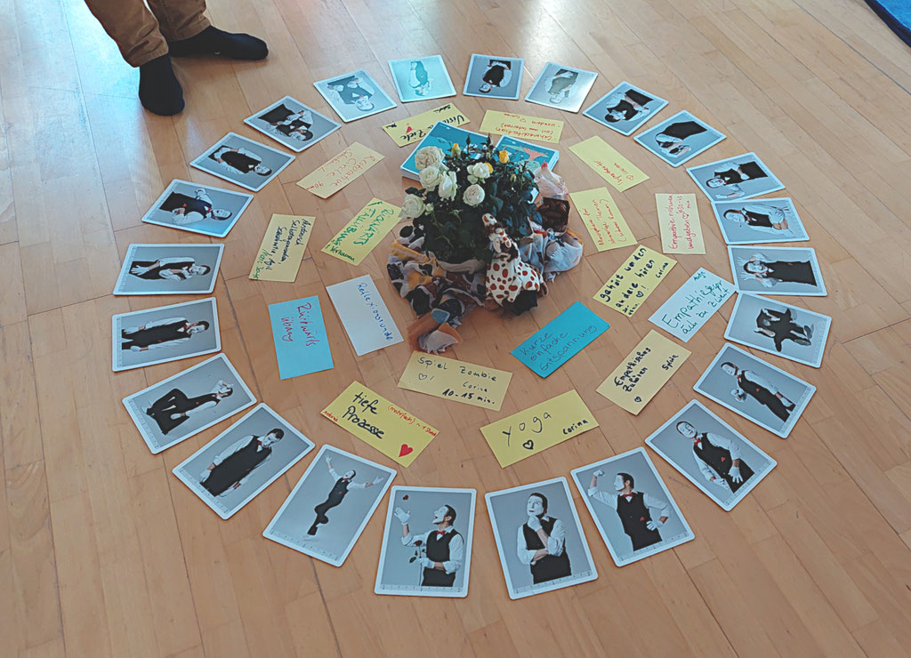 Auf einem hellen Laminatfußboden liegen von Seminarteilnehmenden beschriftete Karten im Kreis. Außen herum liegen große Spiel-Karten, die jeweils einen Pantomimen in verschiedenen Gesten zeigen.