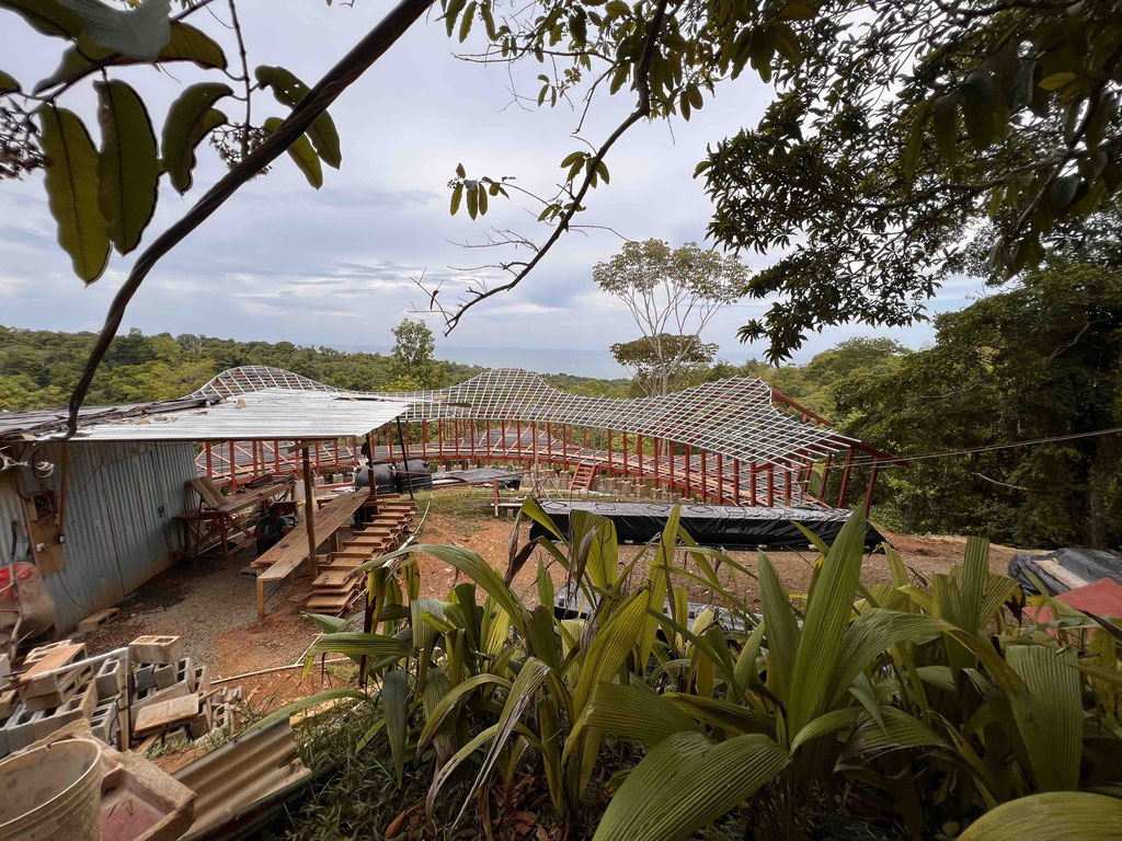 June 2023 - site visit on Sunday noon. One side of the roof structure is finished. 