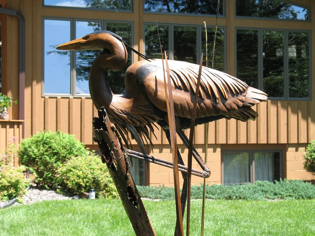 Great blue heron; white oak, brass, steel