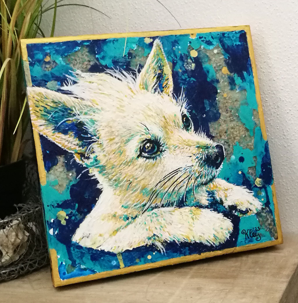 Hundeasche im Tierporträt vom Hund Auftragskunst nach Fotovorlage Acrylfarben auf ArtBoard mit Kunstharz