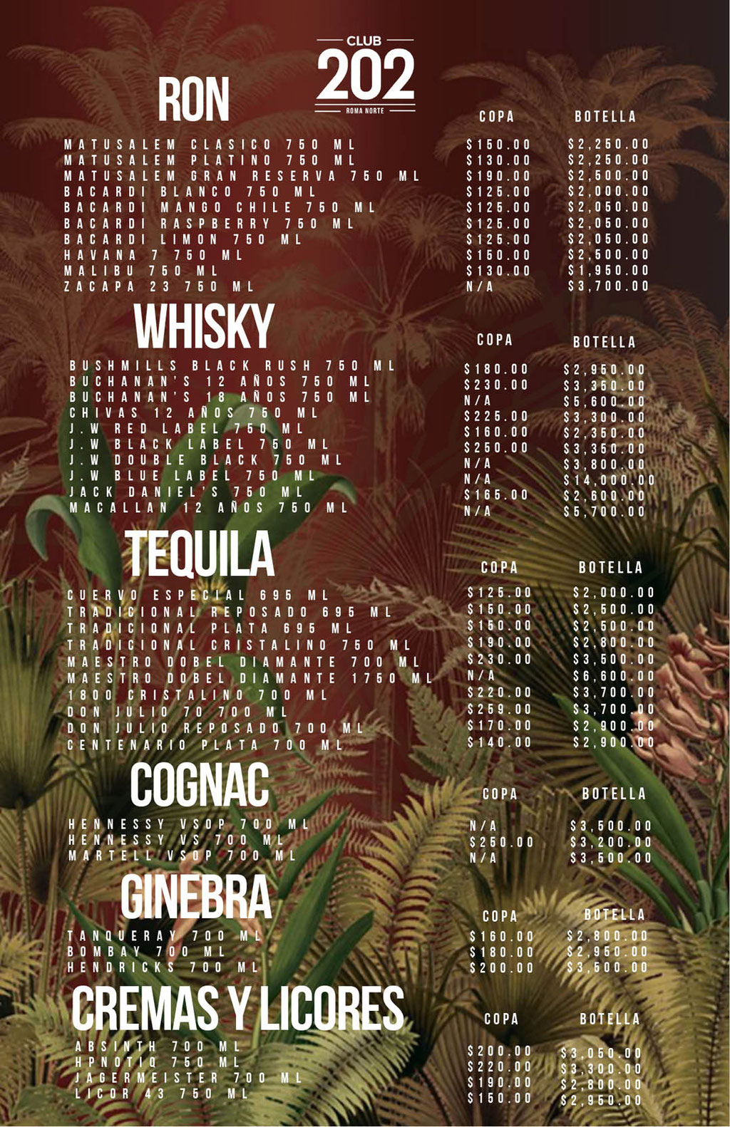 club 202, club 202 menu