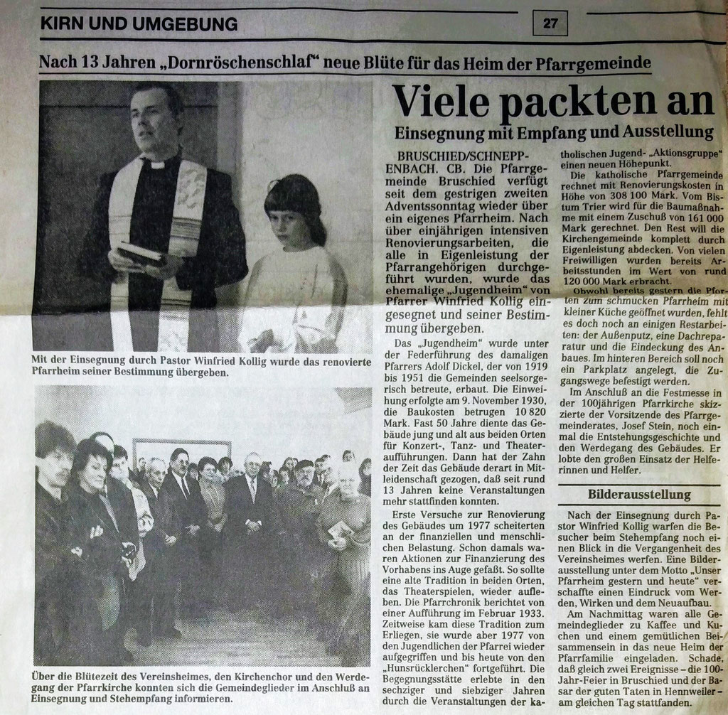 Zeitungsartikel über die Einsegnung des Pfarrheim 1993