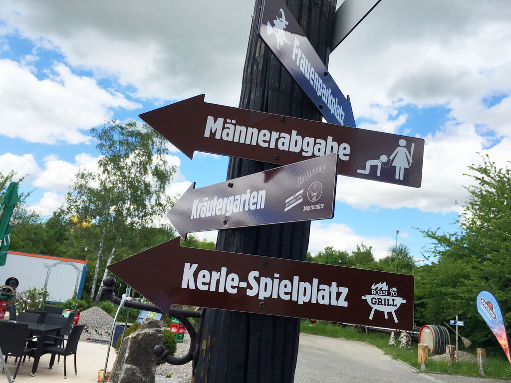 Wegweiser aus bedrucktem, formgefrästen AluDibond-Schildern, individuell, Schild, Pfeile (© WÖRLE medien, Werbetechnik Würzburg)