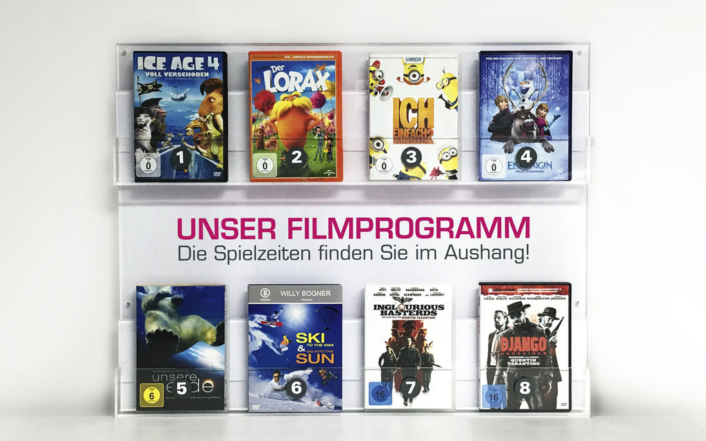 Individuell gefertigtes Acrylglasschild mit DVD-Halter / Prospekthalter Werbetechnik (© WÖRLE medien, Werbetechnik Würzburg)