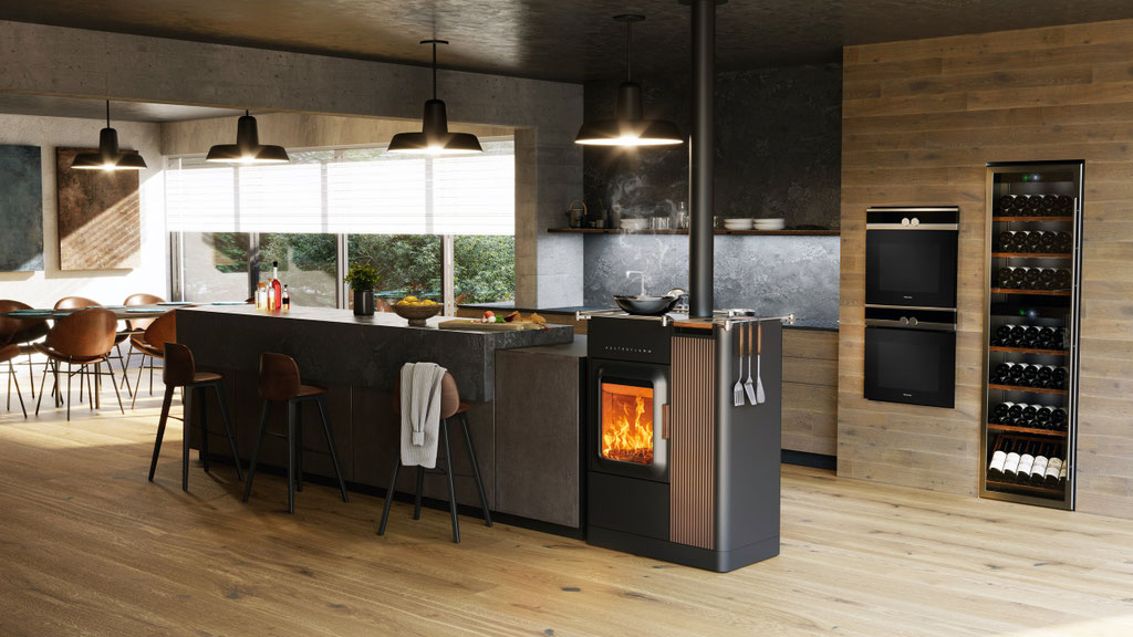 Poêle mixte à bois et à granulés feu cuisine