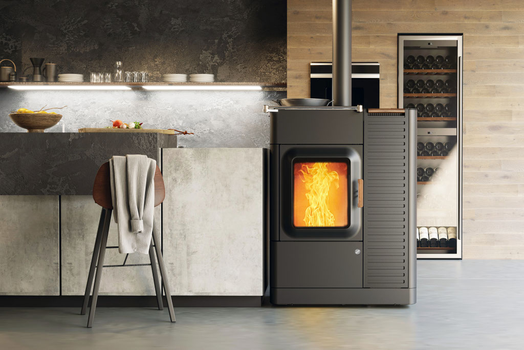 Poêle mixte à bois et à granulés feu cuisine