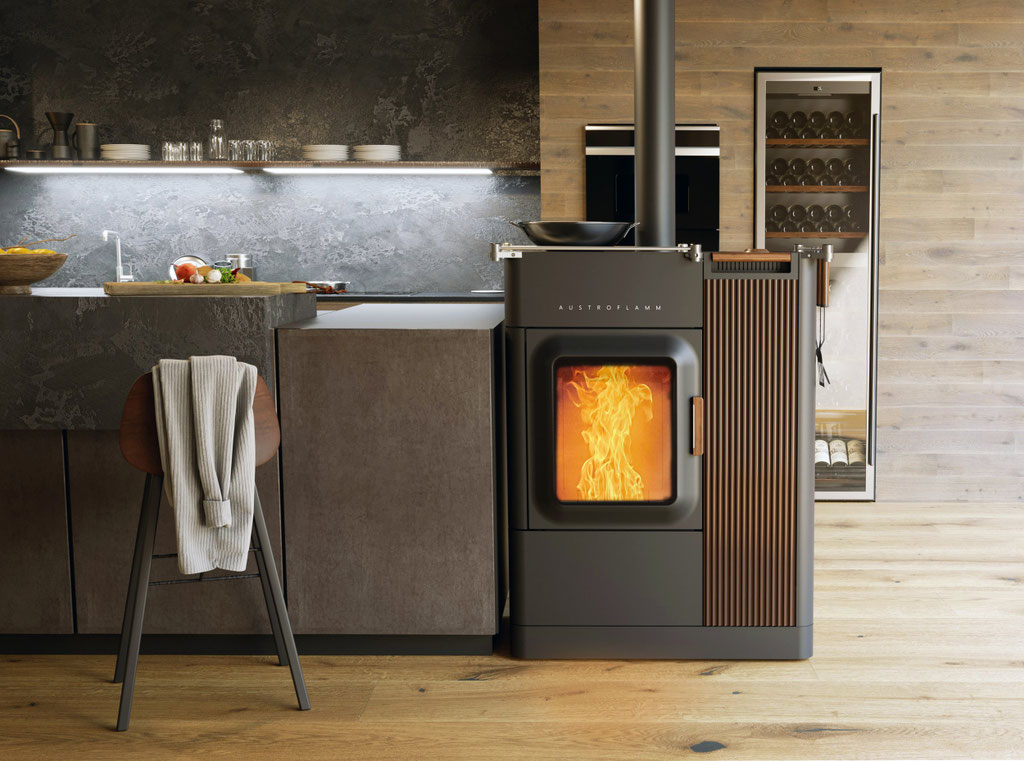 Poêle mixte à bois et à granulés feu cuisine