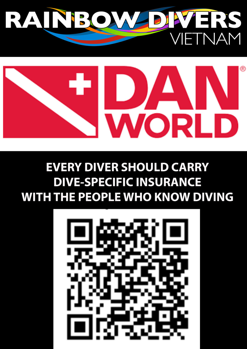 Rainbow Divers Vietnam PADI Dive Center | Rainbow DIvers Logo and DAN World Logo with WhatsApp Contact us QR Code image