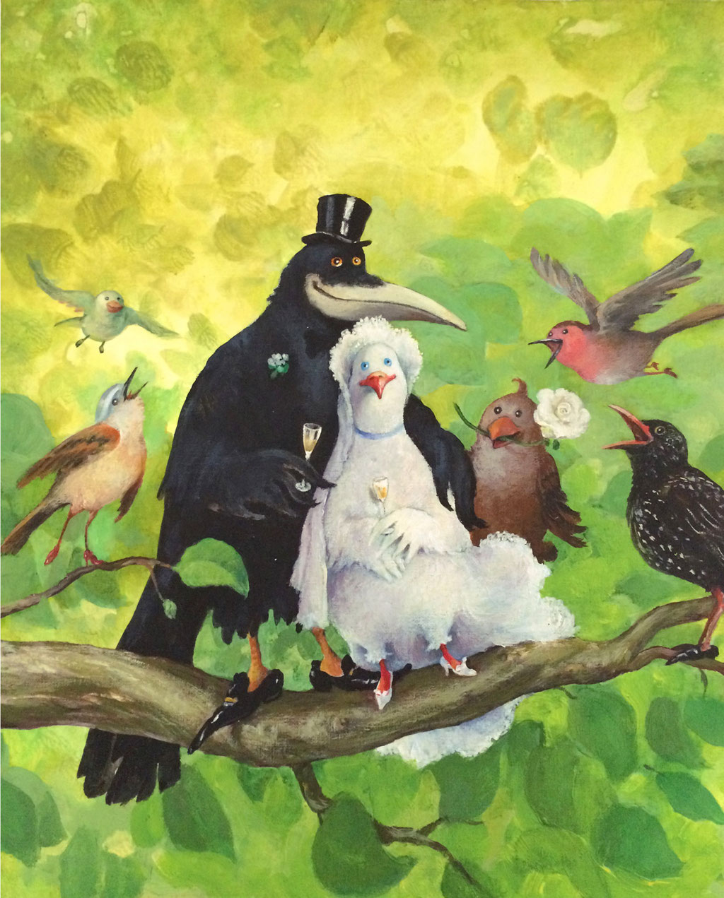 Rudi Hurzlmeier: *Vogelhochzeit*, Acryl/Papier, 40 x 45 cm