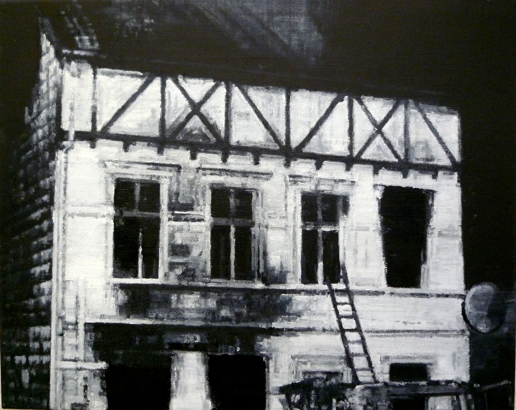 Heike Ruschmeyer: *Schwarz auf Weiß (12) - Solingen/29. Mai 1993*, 2014, Ölfarbe/Nessel, 40 x 50 cm