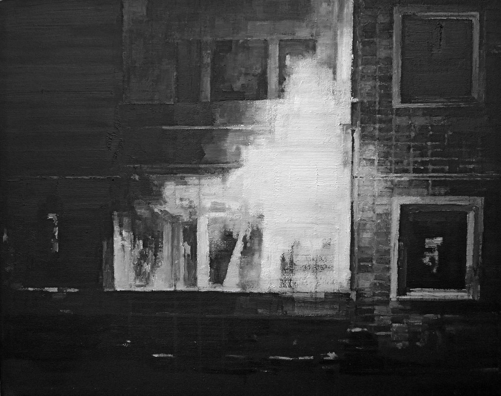 Heike Ruschmeyer: *Schwarz auf Weiß (11 I) - Rostock-Lichtenhagen/24. August 1992*, 2014, Ölfarbe/Nessel, 40 x 50 cm