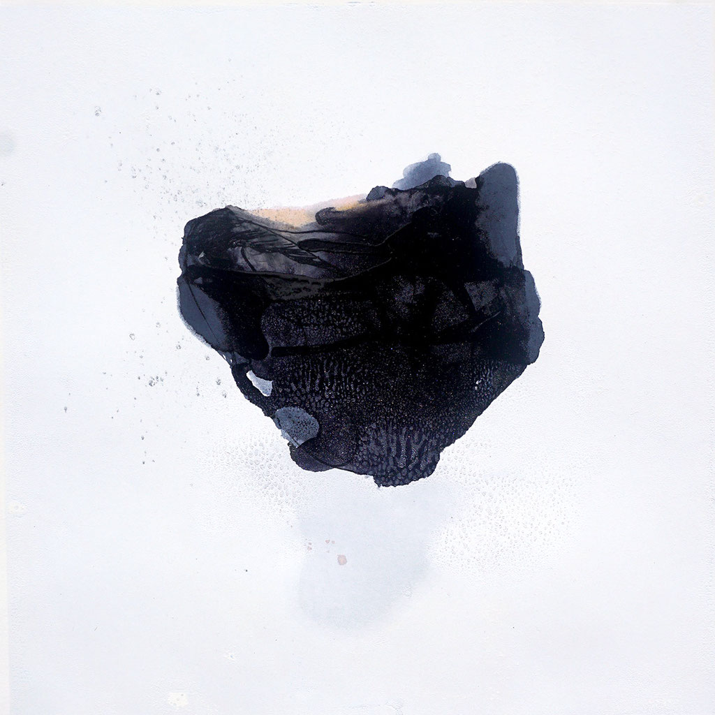 Malerei auf Monotypiedruck, 34,5 x 34,5 cm,  Klavierlack, Schellack, 2018