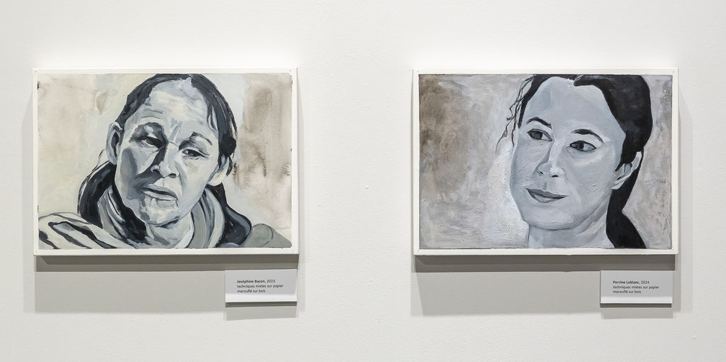 Portraits de Joséphine Bacon et Perrine Leblanc, 2023,  24 x 34 cm chacun, aquarelle, acrylique et crayon sur papier, photo: Louis Étienne Doré