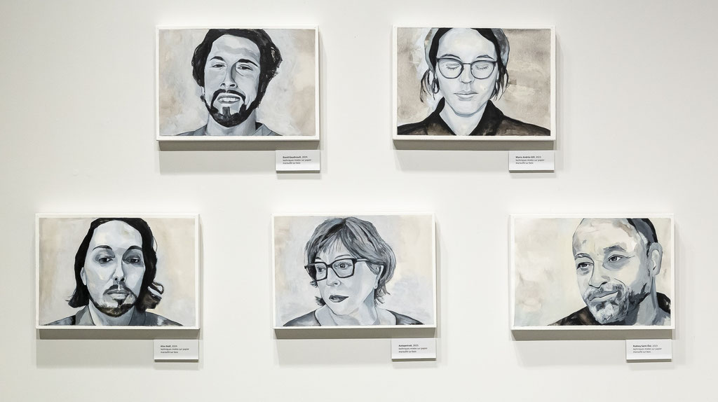 Portraits de David Goudreault, Marie-Andrée Gill, Alex Noël, Suzanne Cloutier, Rodney Saint-Éloi, 2023,  24 x 34 cm chacun, aquarelle, acrylique et crayon sur papier, photo: Louis Étienne Doré