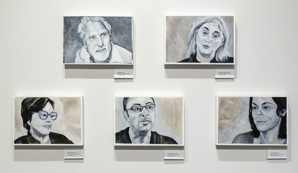 Portraits de Jean Barbe, Catherine Mavrikakis, Élise Turcotte, Mauricio Segura, Laure Morali, 2023, 24 x 34 cm chacun, aquarelle, acrylique et crayon sur papier, photo: Louis Étienne Doré